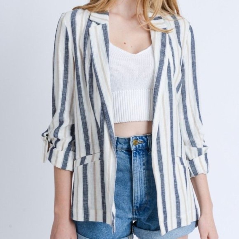 NWT Love Tree linen striped open front blazer - Picture 1 of 8